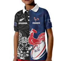 France And New Zealand Rugby Custom Kid Polo Shirt Les Bleus Rooster With Maori Tiki - Wonder Print Shop