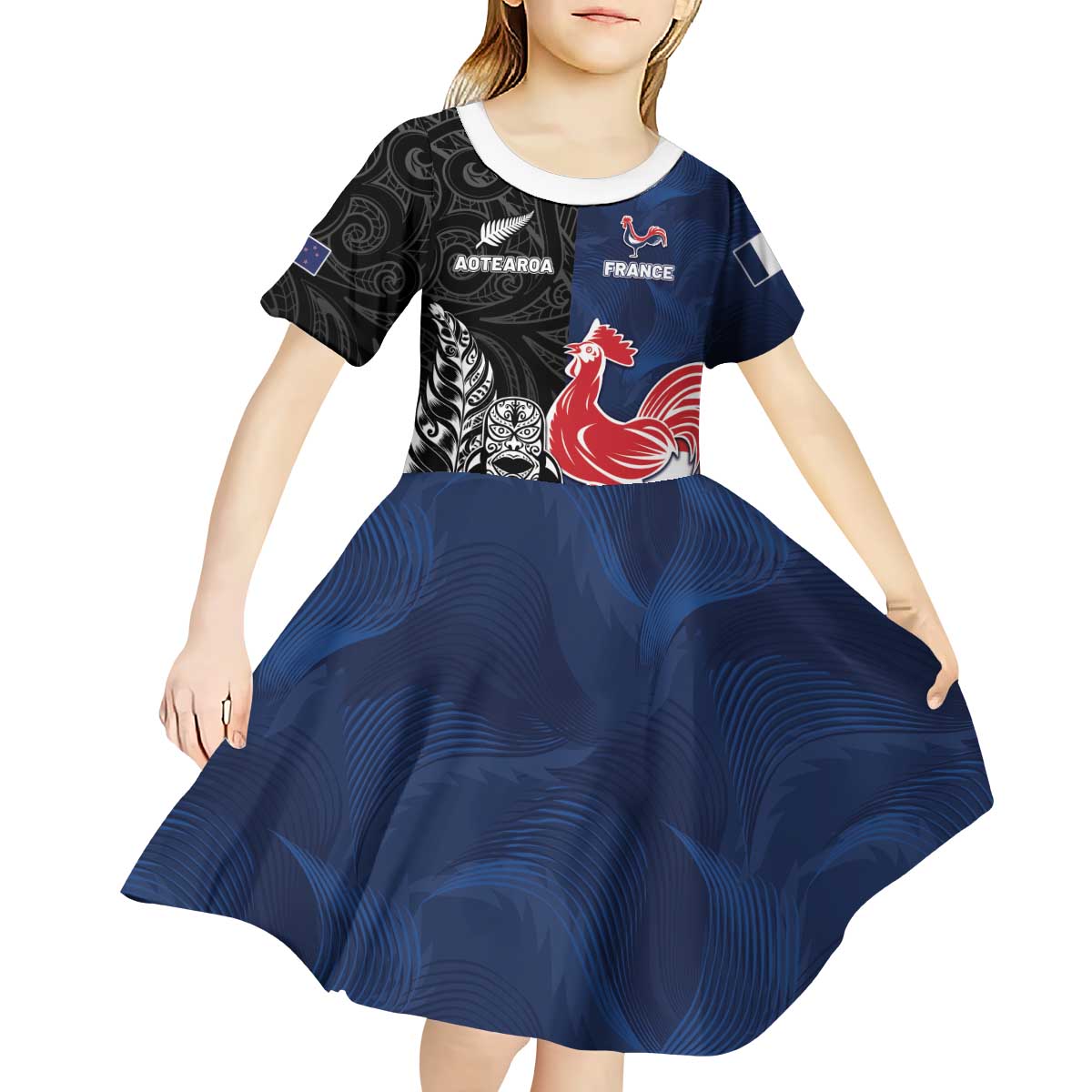 France And New Zealand Rugby Custom Kid Short Sleeve Dress Les Bleus Rooster With Maori Tiki - Wonder Print Shop