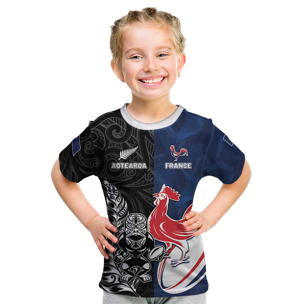 France And New Zealand Rugby Custom Kid T Shirt Les Bleus Rooster With Maori Tiki - Wonder Print Shop