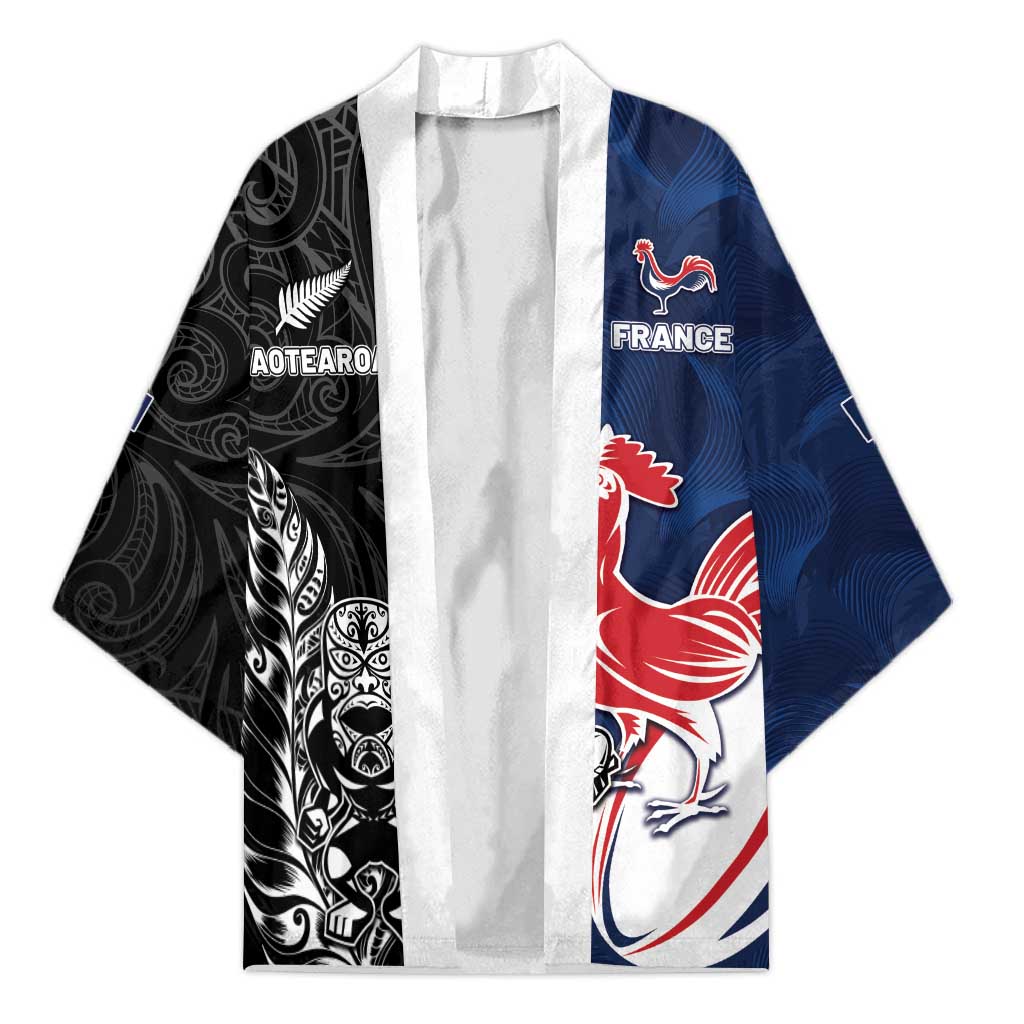 France And New Zealand Rugby Custom Kimono Les Bleus Rooster With Maori Tiki - Wonder Print Shop