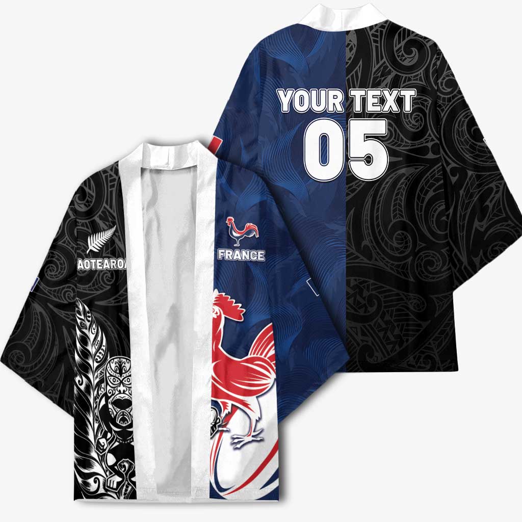 France And New Zealand Rugby Custom Kimono Les Bleus Rooster With Maori Tiki - Wonder Print Shop