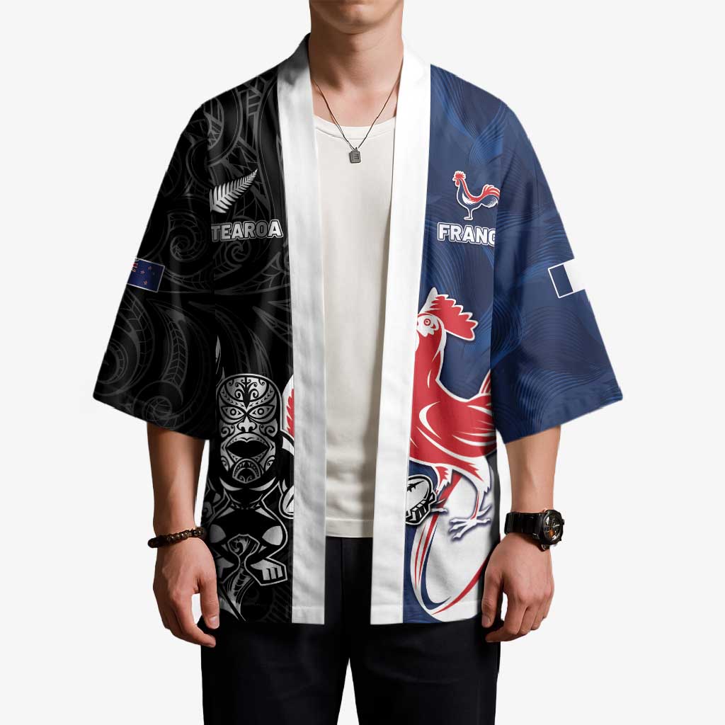 France And New Zealand Rugby Custom Kimono Les Bleus Rooster With Maori Tiki - Wonder Print Shop