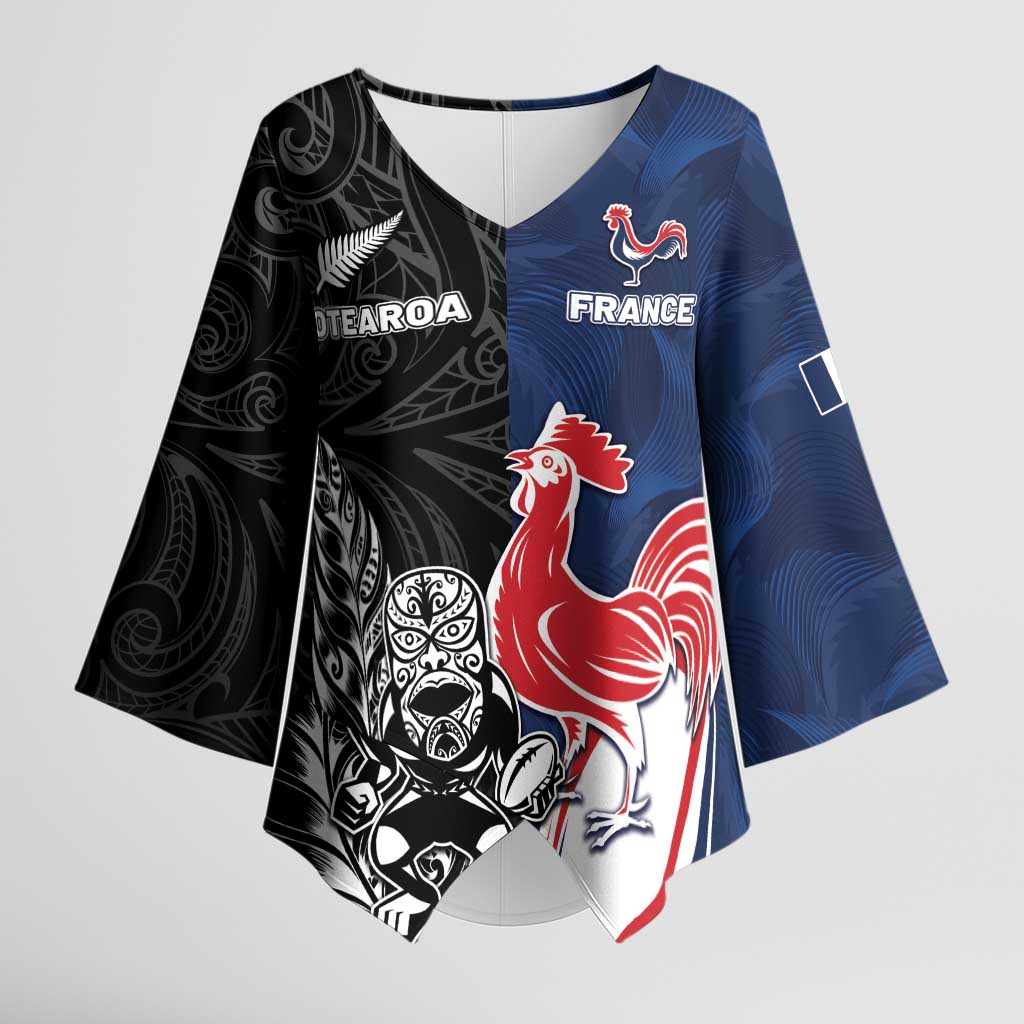 France And New Zealand Rugby Custom Kimono Sleeve Blouse Les Bleus Rooster With Maori Tiki - Wonder Print Shop