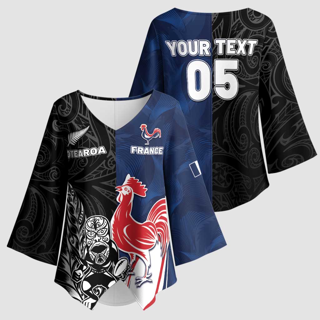 France And New Zealand Rugby Custom Kimono Sleeve Blouse Les Bleus Rooster With Maori Tiki - Wonder Print Shop