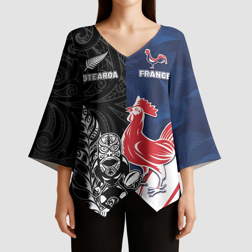 France And New Zealand Rugby Custom Kimono Sleeve Blouse Les Bleus Rooster With Maori Tiki - Wonder Print Shop