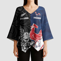 France And New Zealand Rugby Custom Kimono Sleeve Blouse Les Bleus Rooster With Maori Tiki - Wonder Print Shop