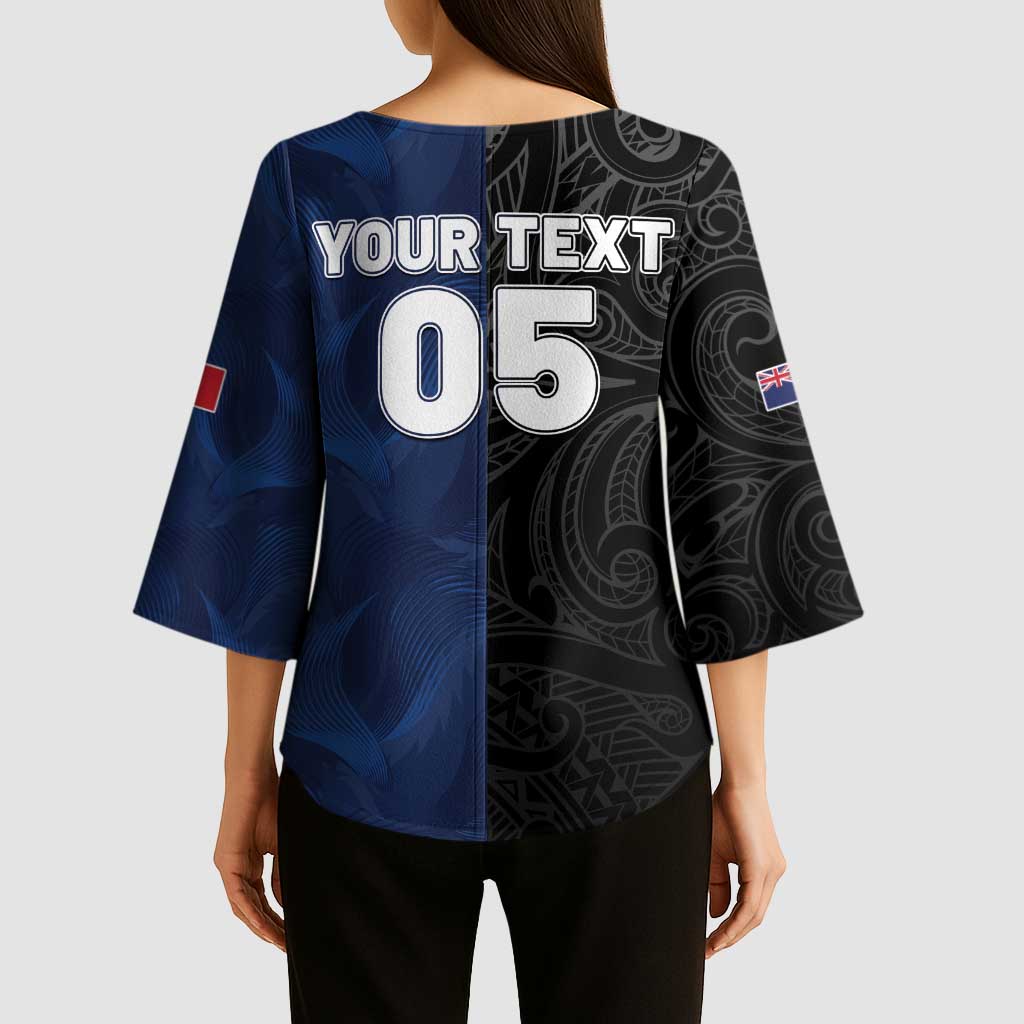 France And New Zealand Rugby Custom Kimono Sleeve Blouse Les Bleus Rooster With Maori Tiki - Wonder Print Shop