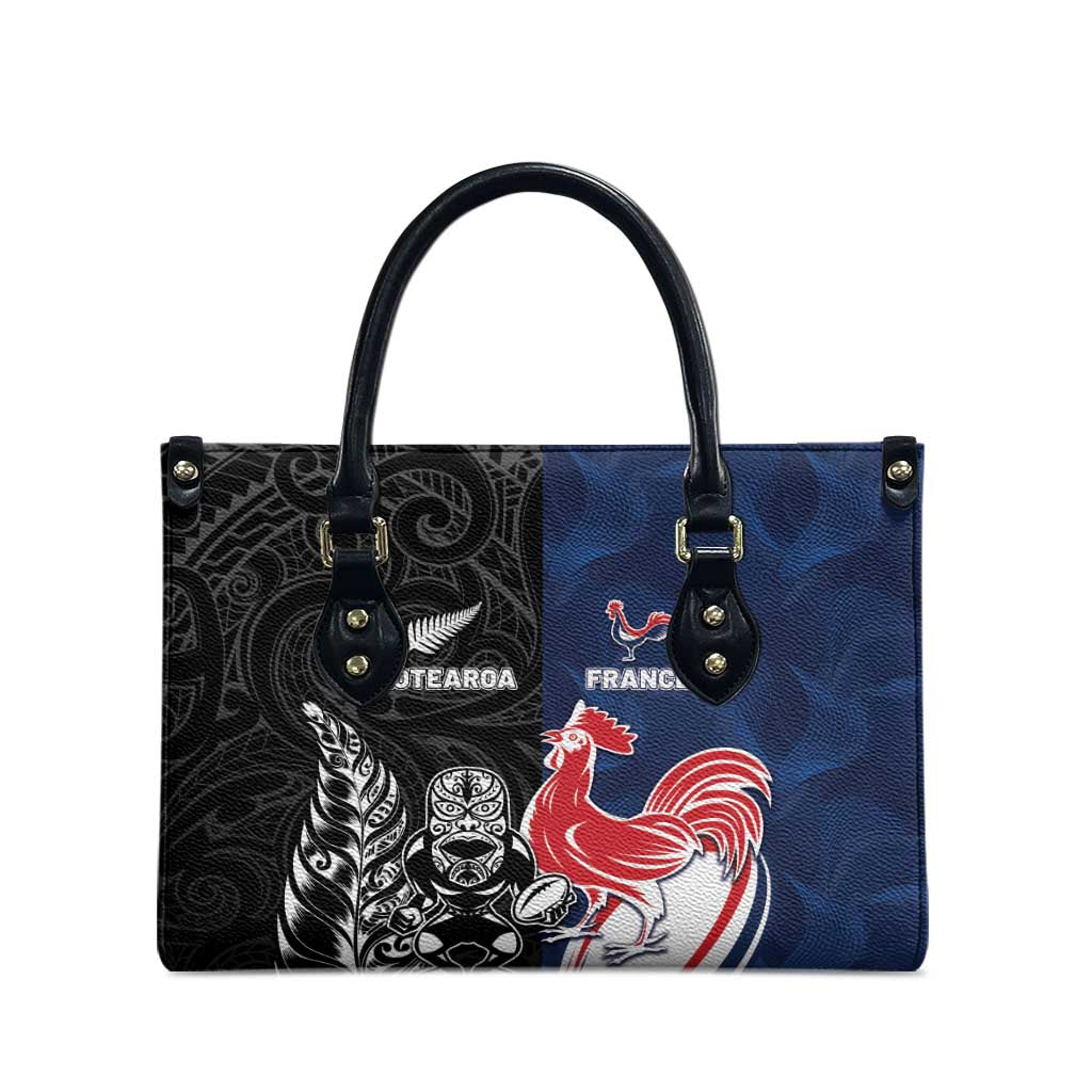 France And New Zealand Rugby Leather Bag Les Bleus Rooster With Maori Tiki - Wonder Print Shop