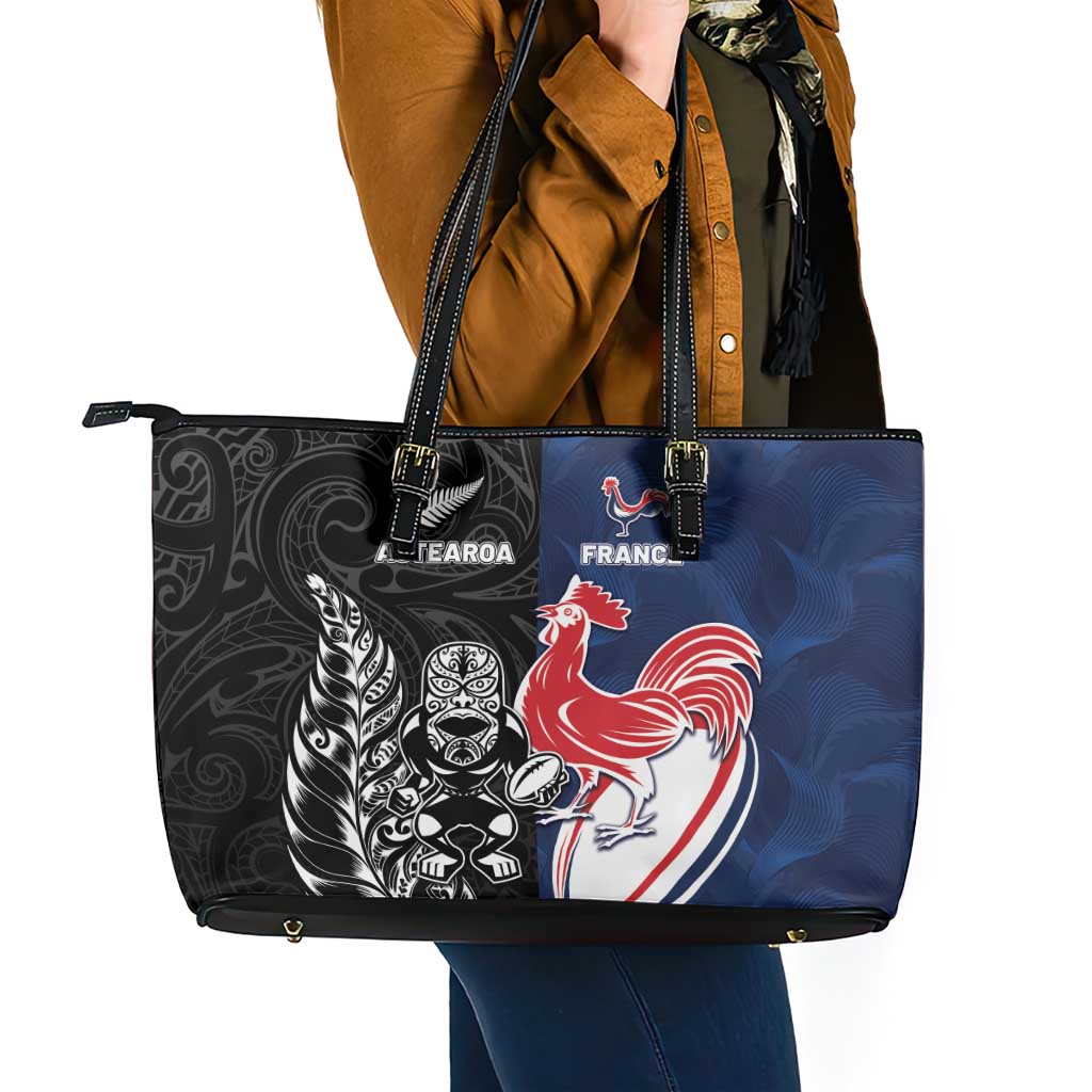 France And New Zealand Rugby Leather Tote Bag Les Bleus Rooster With Maori Tiki - Wonder Print Shop