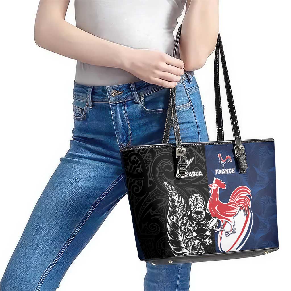 France And New Zealand Rugby Leather Tote Bag Les Bleus Rooster With Maori Tiki - Wonder Print Shop