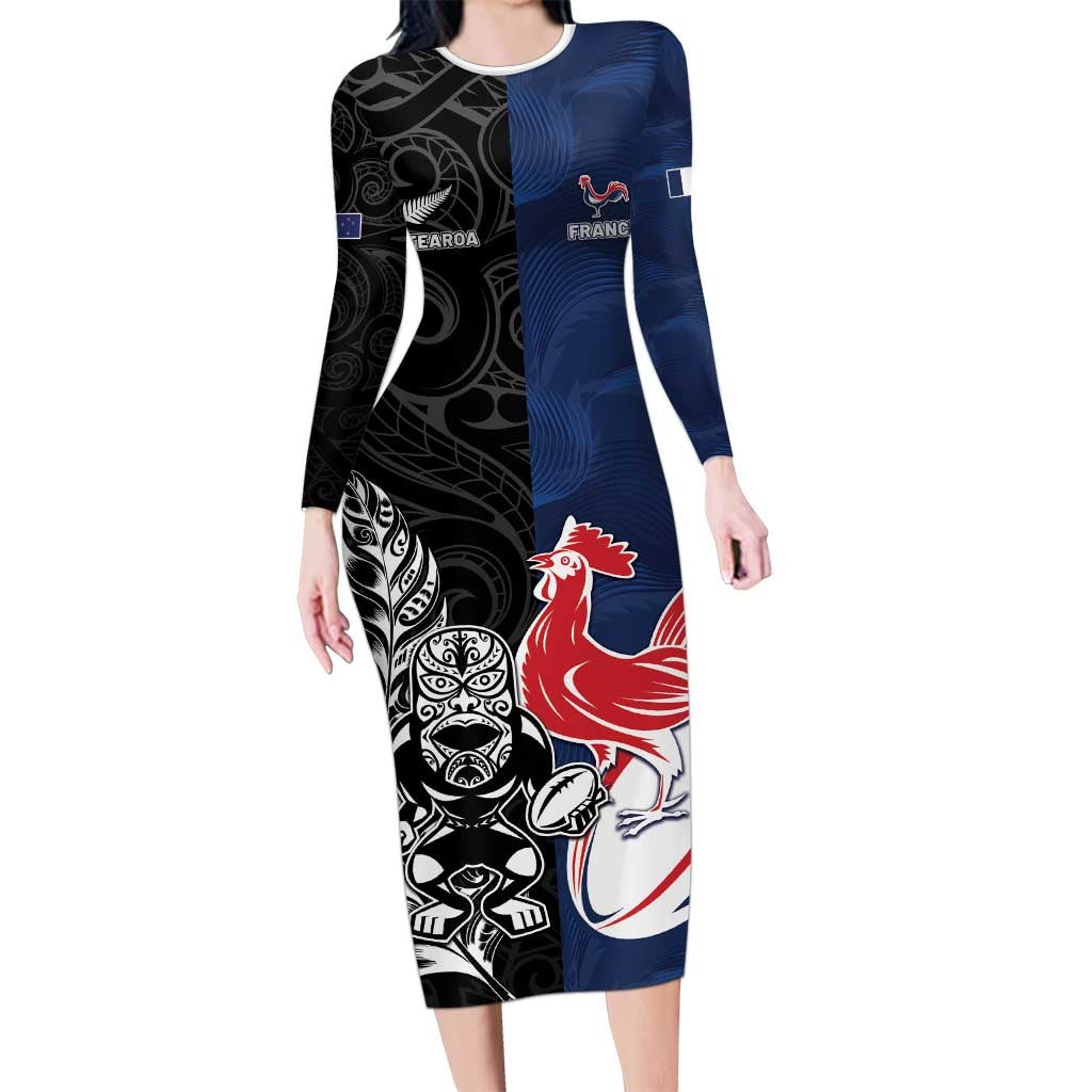 France And New Zealand Rugby Custom Long Sleeve Bodycon Dress Les Bleus Rooster With Maori Tiki - Wonder Print Shop