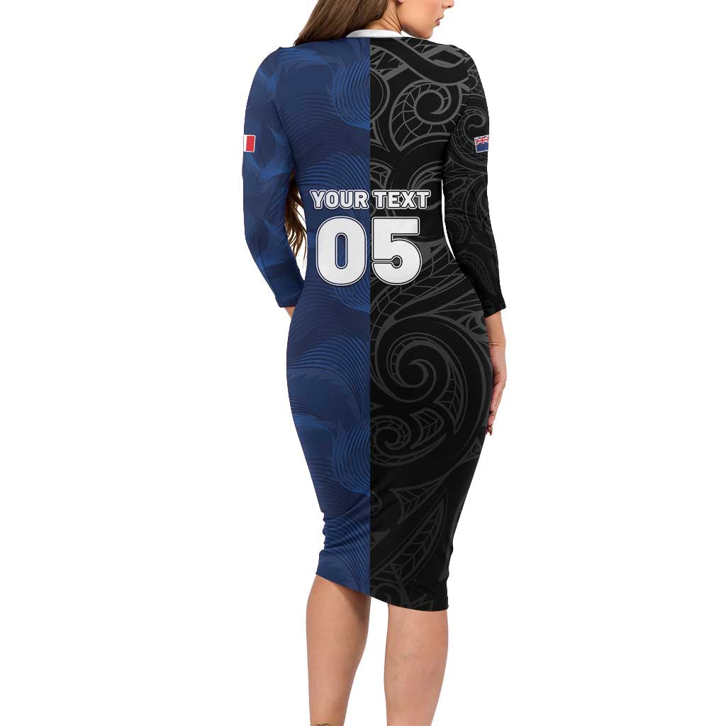 France And New Zealand Rugby Custom Long Sleeve Bodycon Dress Les Bleus Rooster With Maori Tiki - Wonder Print Shop