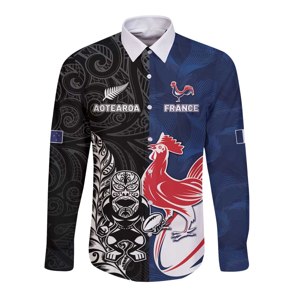 France And New Zealand Rugby Custom Long Sleeve Button Shirt Les Bleus Rooster With Maori Tiki - Wonder Print Shop