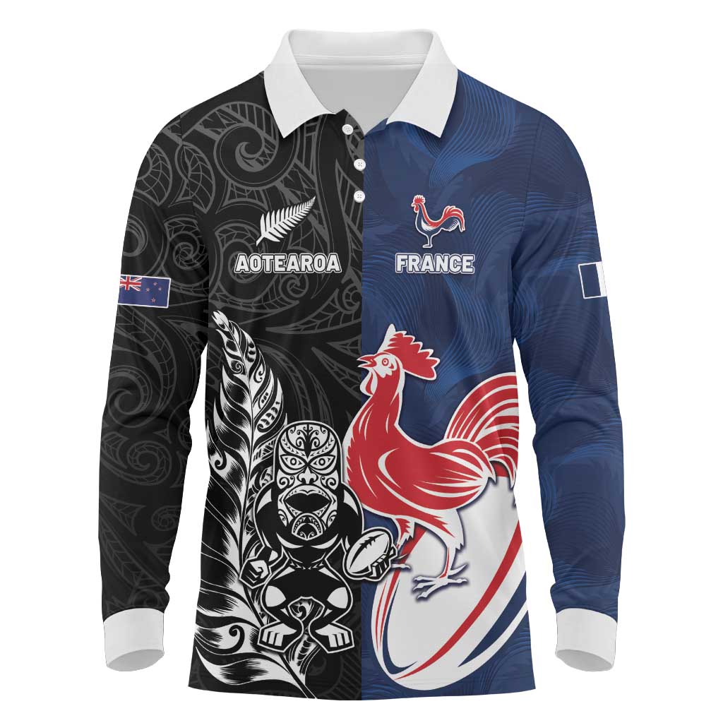 France And New Zealand Rugby Custom Long Sleeve Polo Shirt Les Bleus Rooster With Maori Tiki - Wonder Print Shop