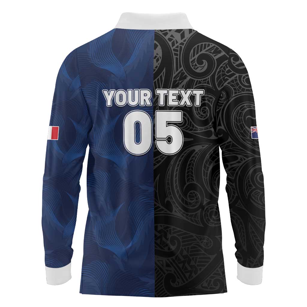France And New Zealand Rugby Custom Long Sleeve Polo Shirt Les Bleus Rooster With Maori Tiki - Wonder Print Shop