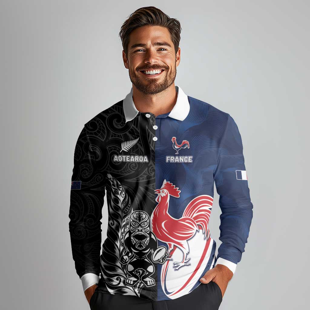 France And New Zealand Rugby Custom Long Sleeve Polo Shirt Les Bleus Rooster With Maori Tiki - Wonder Print Shop