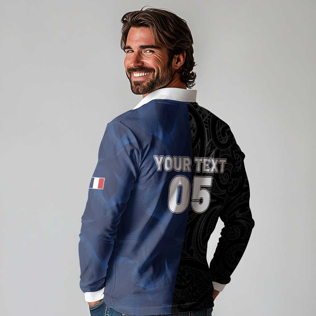 France And New Zealand Rugby Custom Long Sleeve Polo Shirt Les Bleus Rooster With Maori Tiki - Wonder Print Shop
