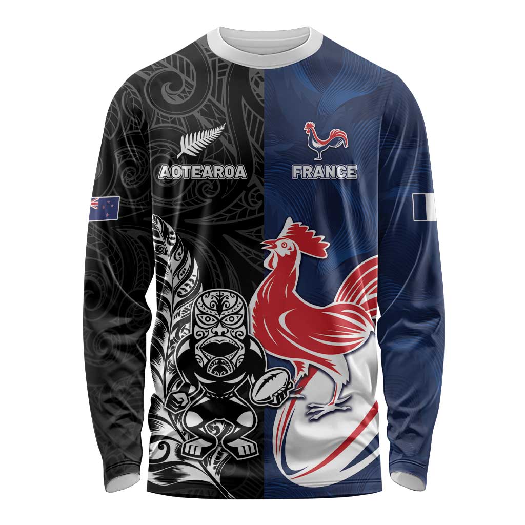 France And New Zealand Rugby Custom Long Sleeve Shirt Les Bleus Rooster With Maori Tiki - Wonder Print Shop