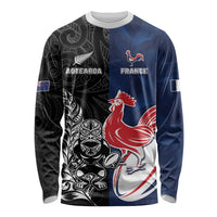 France And New Zealand Rugby Custom Long Sleeve Shirt Les Bleus Rooster With Maori Tiki - Wonder Print Shop