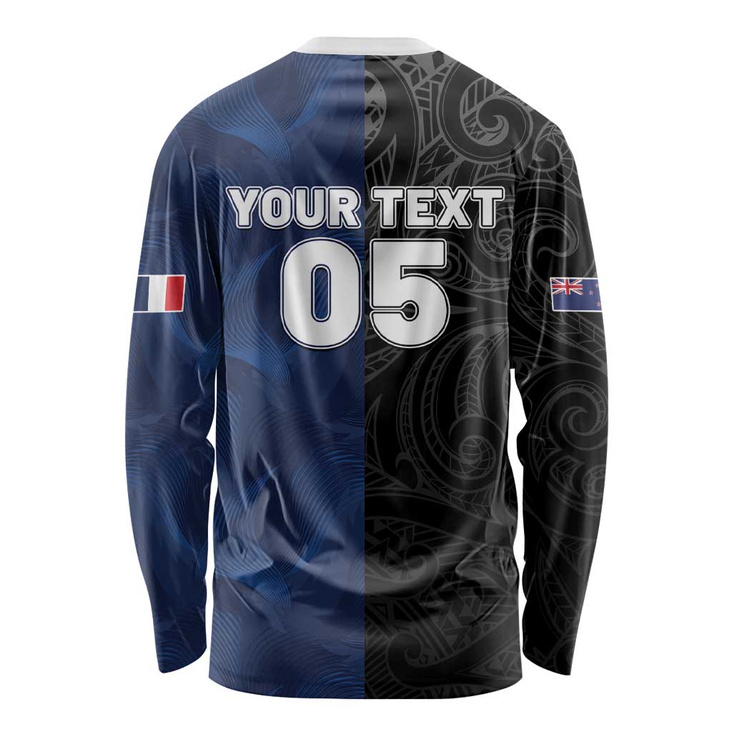 France And New Zealand Rugby Custom Long Sleeve Shirt Les Bleus Rooster With Maori Tiki - Wonder Print Shop
