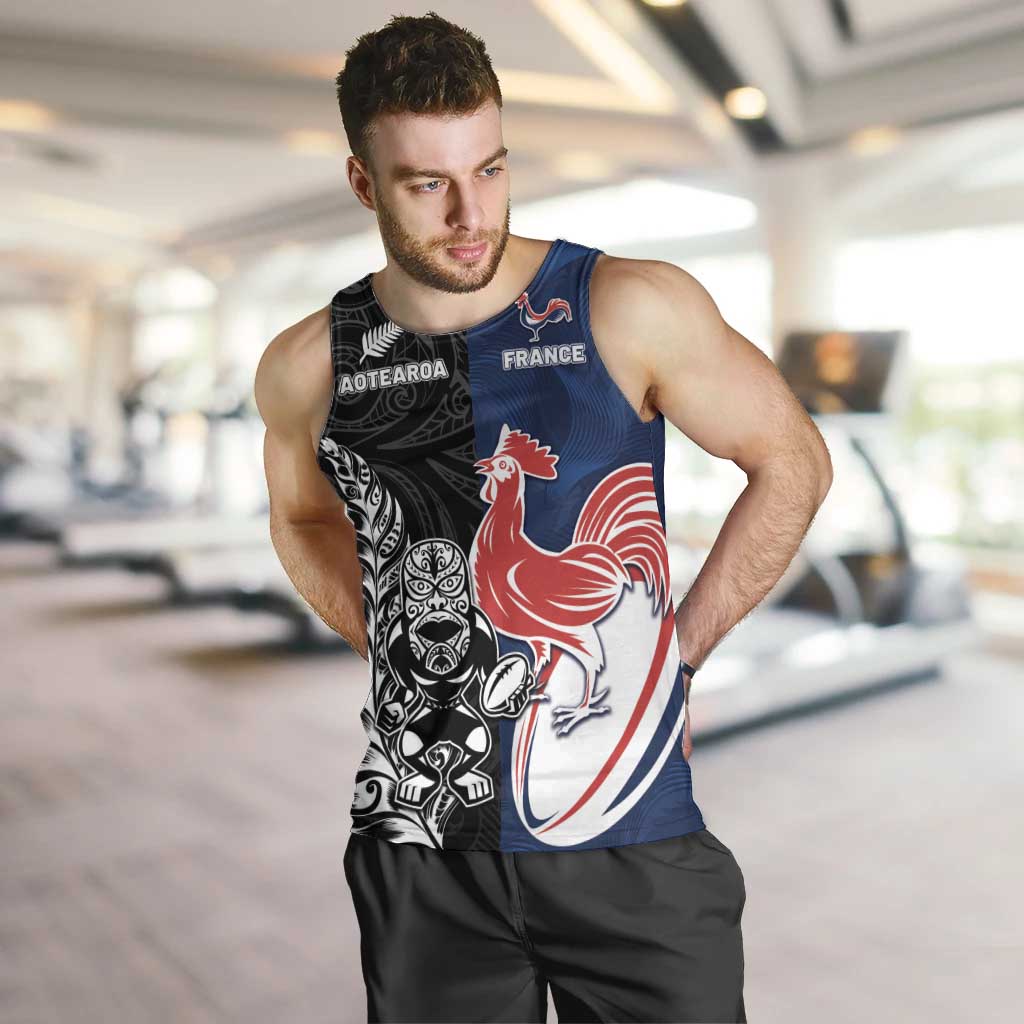 France And New Zealand Rugby Custom Men Tank Top Les Bleus Rooster With Maori Tiki - Wonder Print Shop