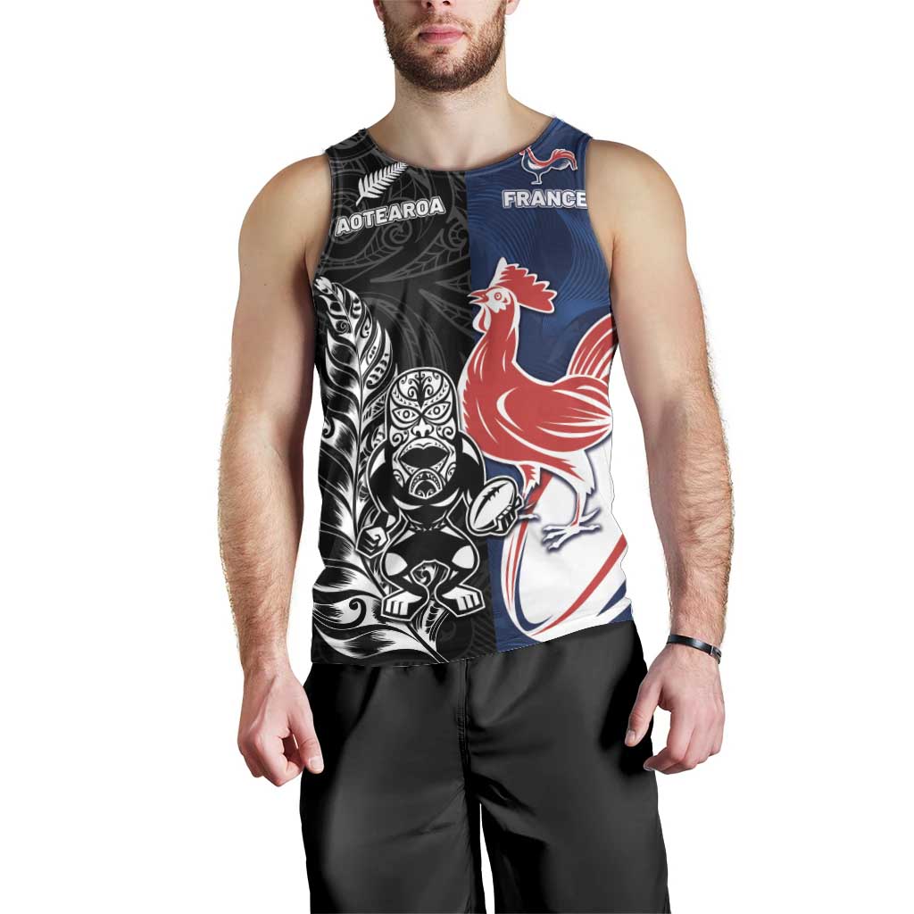 France And New Zealand Rugby Custom Men Tank Top Les Bleus Rooster With Maori Tiki - Wonder Print Shop