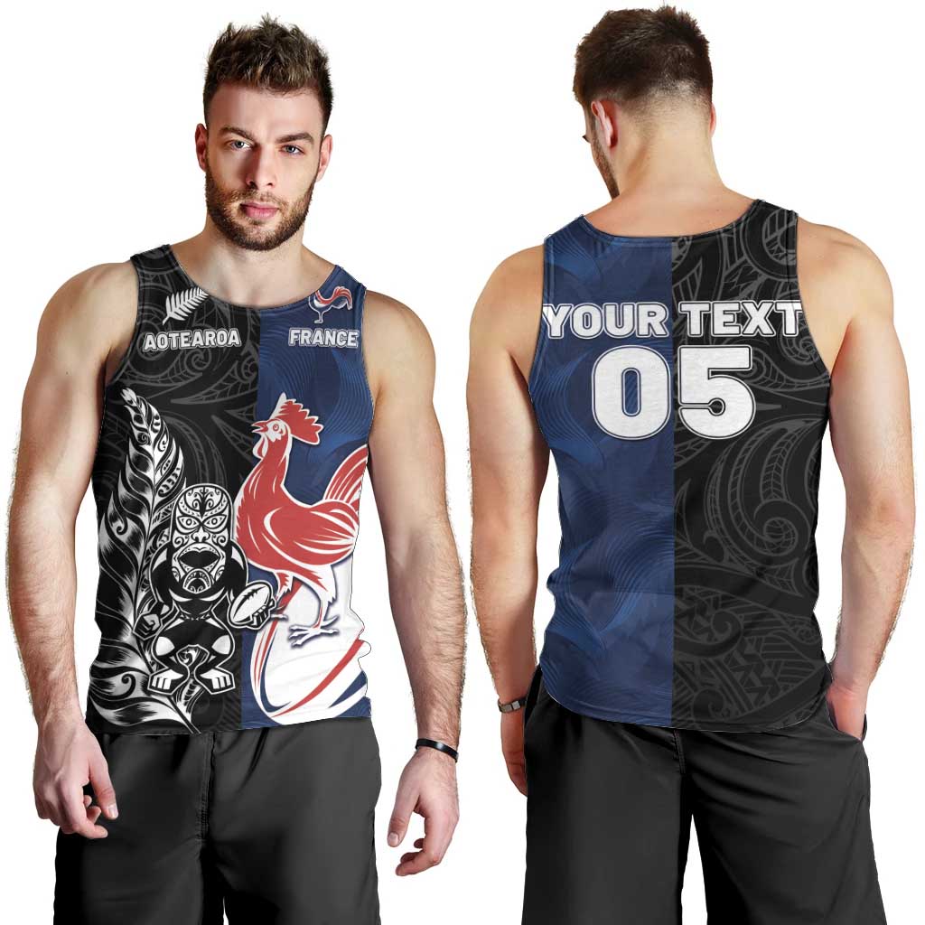 France And New Zealand Rugby Custom Men Tank Top Les Bleus Rooster With Maori Tiki - Wonder Print Shop