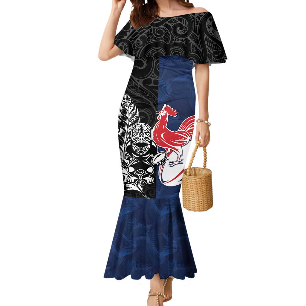 France And New Zealand Rugby Custom Mermaid Dress Les Bleus Rooster With Maori Tiki - Wonder Print Shop