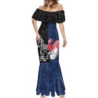 France And New Zealand Rugby Custom Mermaid Dress Les Bleus Rooster With Maori Tiki - Wonder Print Shop
