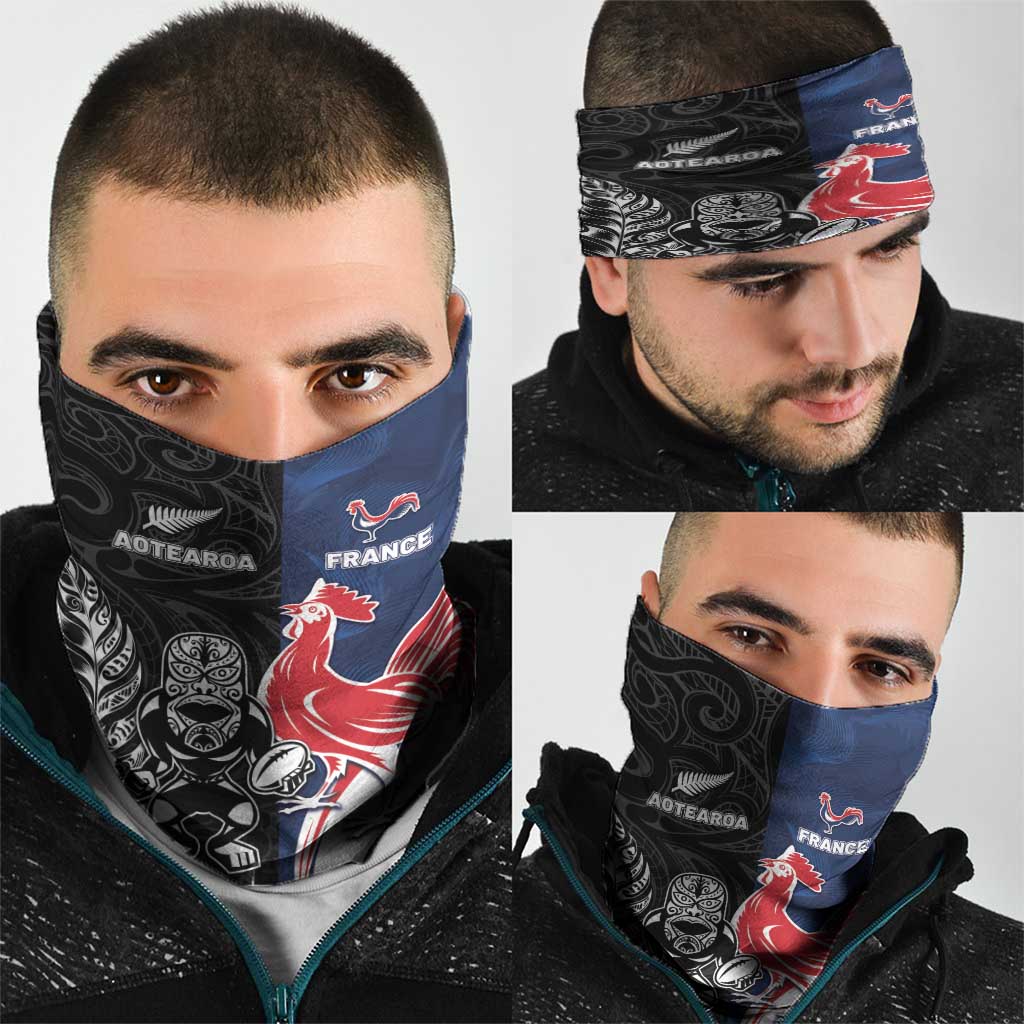 France And New Zealand Rugby Neck Gaiter Les Bleus Rooster With Maori Tiki - Wonder Print Shop