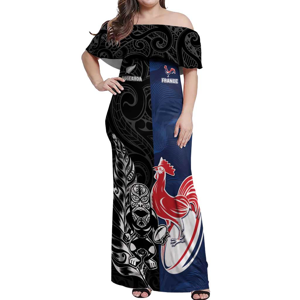 France And New Zealand Rugby Custom Off Shoulder Maxi Dress Les Bleus Rooster With Maori Tiki - Wonder Print Shop