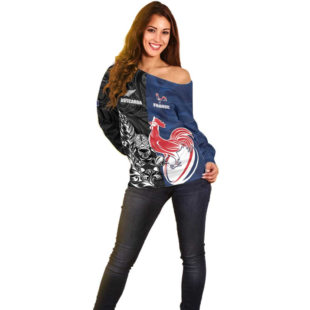 France And New Zealand Rugby Custom Off Shoulder Sweater Les Bleus Rooster With Maori Tiki - Wonder Print Shop