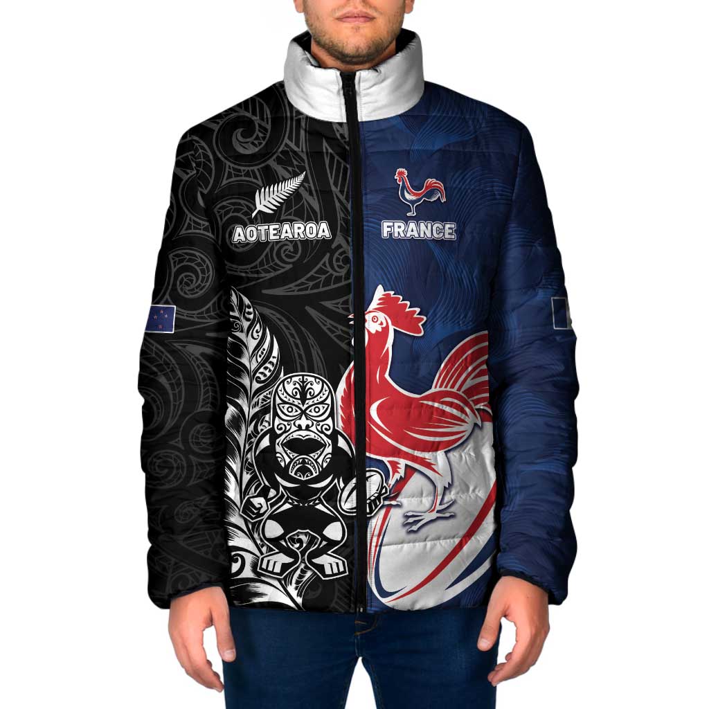 France And New Zealand Rugby Custom Padded Jacket Les Bleus Rooster With Maori Tiki - Wonder Print Shop