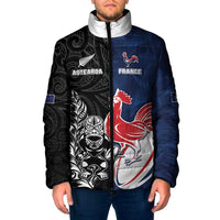 France And New Zealand Rugby Custom Padded Jacket Les Bleus Rooster With Maori Tiki - Wonder Print Shop
