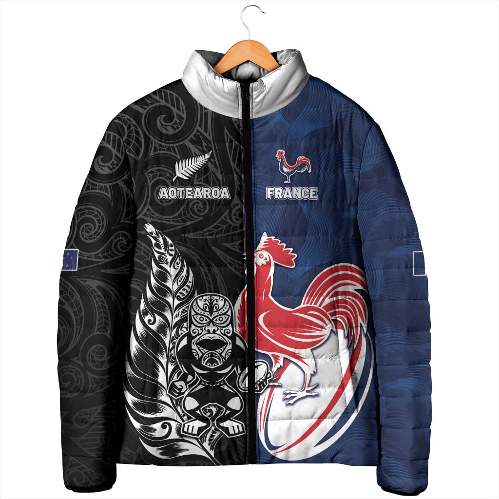 France And New Zealand Rugby Custom Padded Jacket Les Bleus Rooster With Maori Tiki - Wonder Print Shop