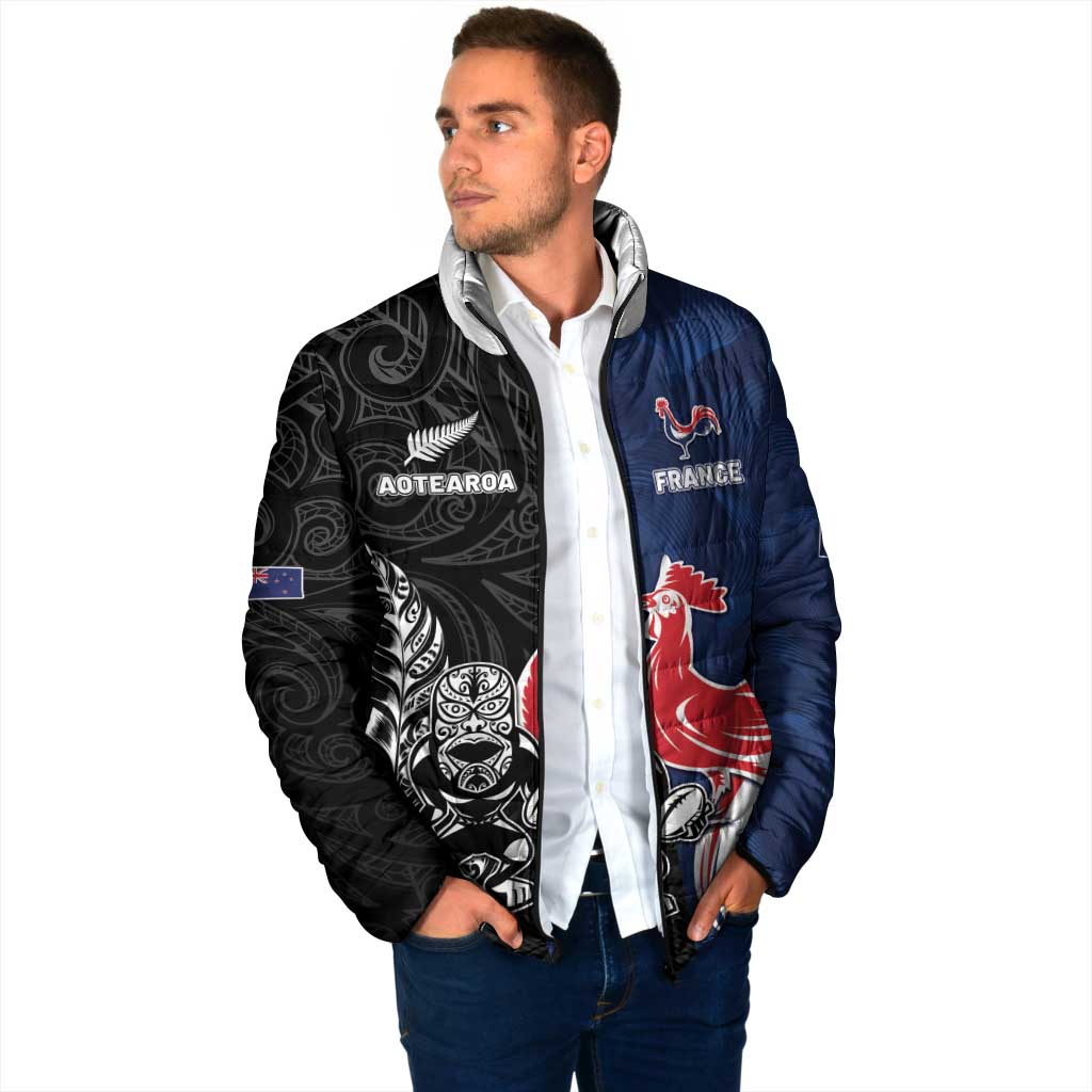 France And New Zealand Rugby Custom Padded Jacket Les Bleus Rooster With Maori Tiki - Wonder Print Shop