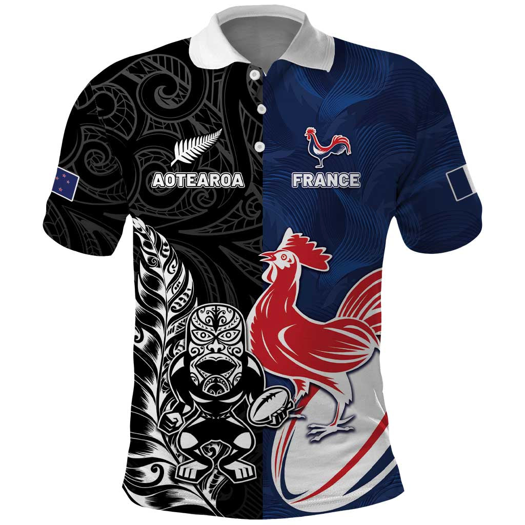 France And New Zealand Rugby Custom Polo Shirt Les Bleus Rooster With Maori Tiki - Wonder Print Shop