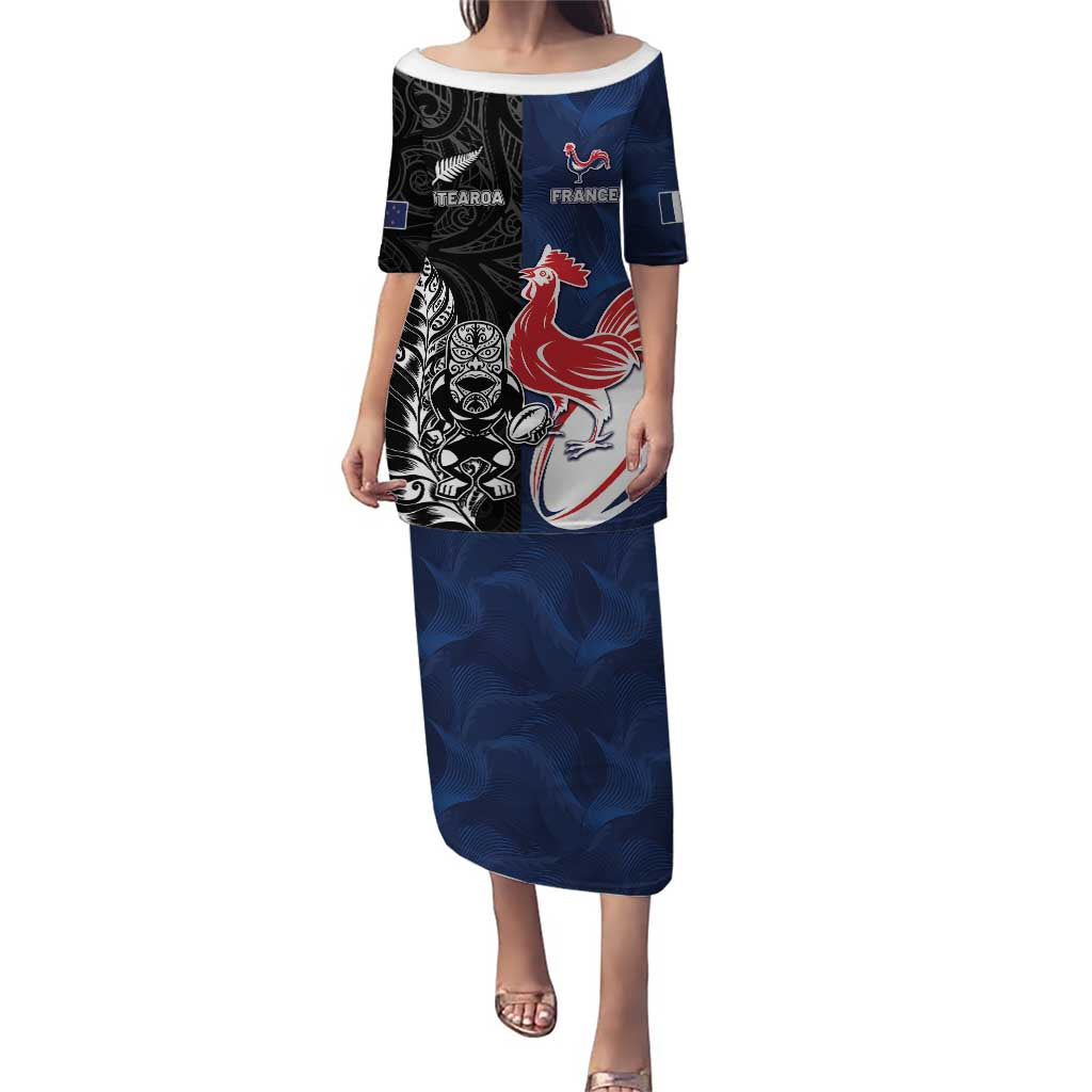 France And New Zealand Rugby Custom Puletasi Les Bleus Rooster With Maori Tiki - Wonder Print Shop