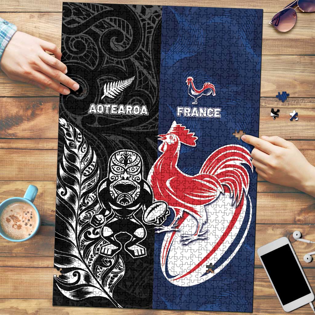 France And New Zealand Rugby Puzzle Les Bleus Rooster With Maori Tiki - Wonder Print Shop