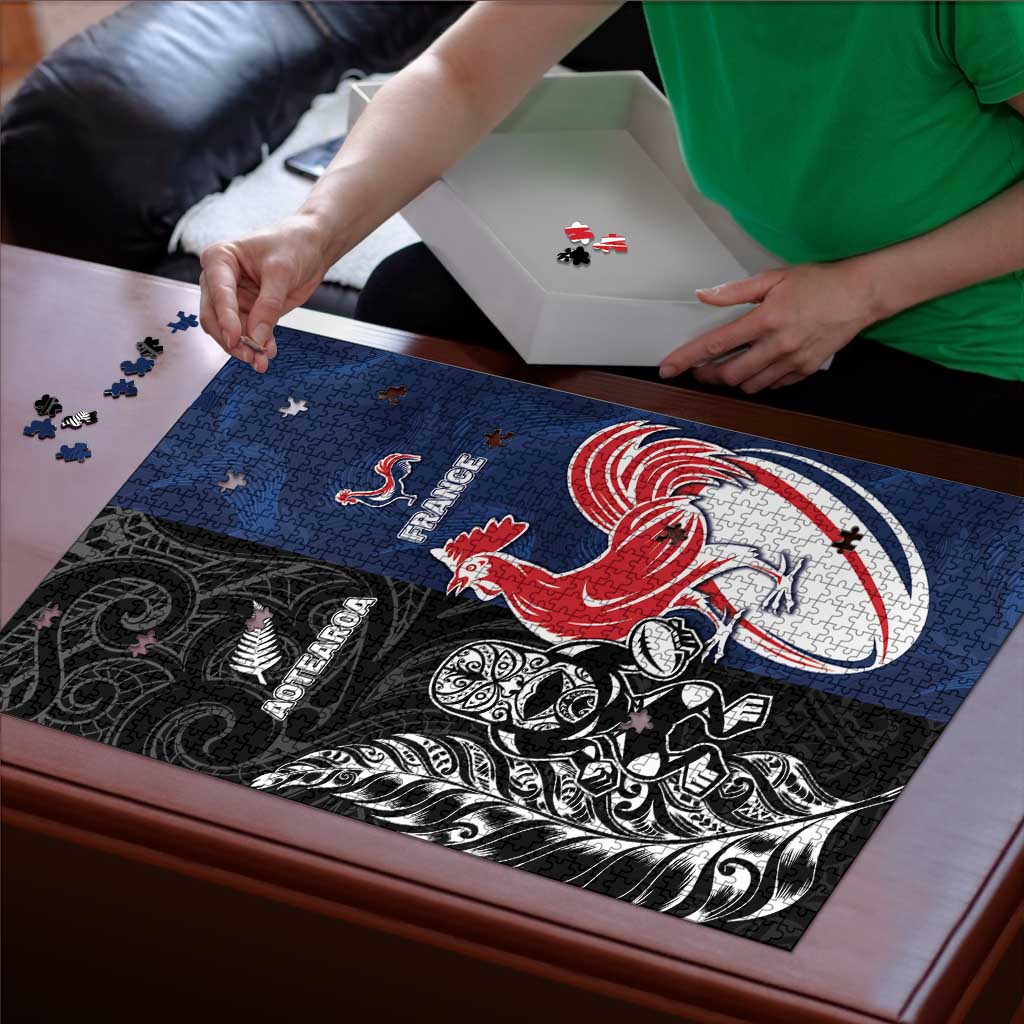 France And New Zealand Rugby Puzzle Les Bleus Rooster With Maori Tiki - Wonder Print Shop