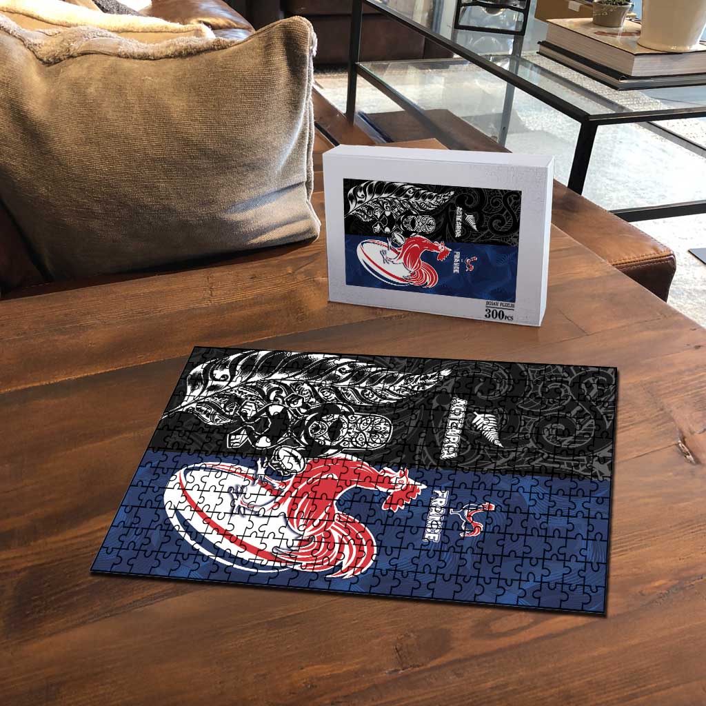 France And New Zealand Rugby Puzzle Les Bleus Rooster With Maori Tiki - Wonder Print Shop