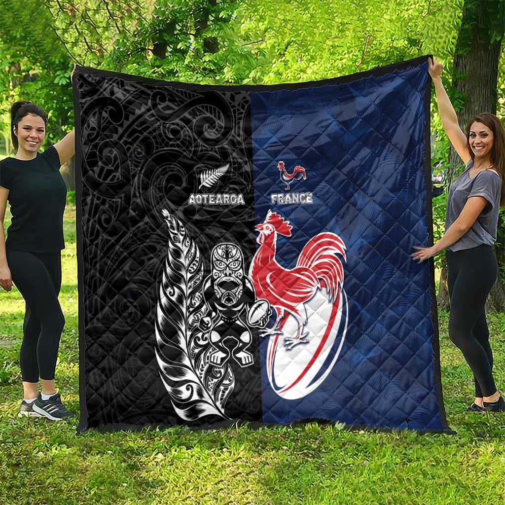 France And New Zealand Rugby Quilt Les Bleus Rooster With Maori Tiki - Wonder Print Shop