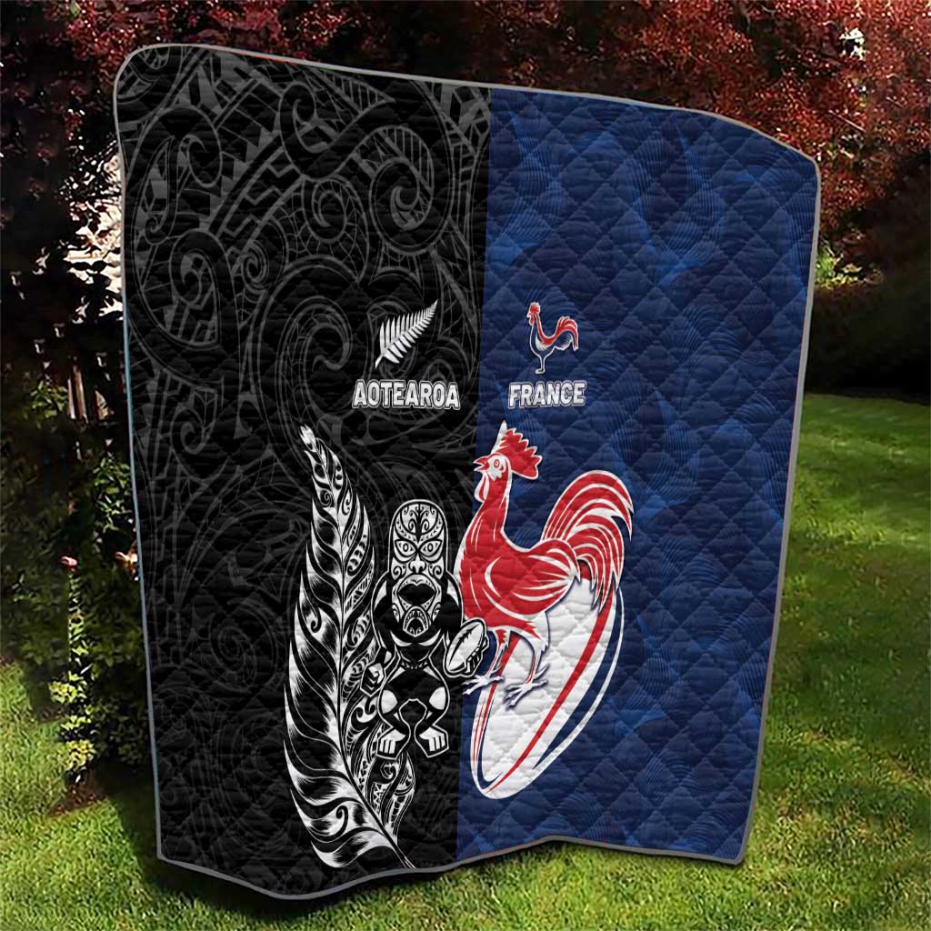 France And New Zealand Rugby Quilt Les Bleus Rooster With Maori Tiki - Wonder Print Shop