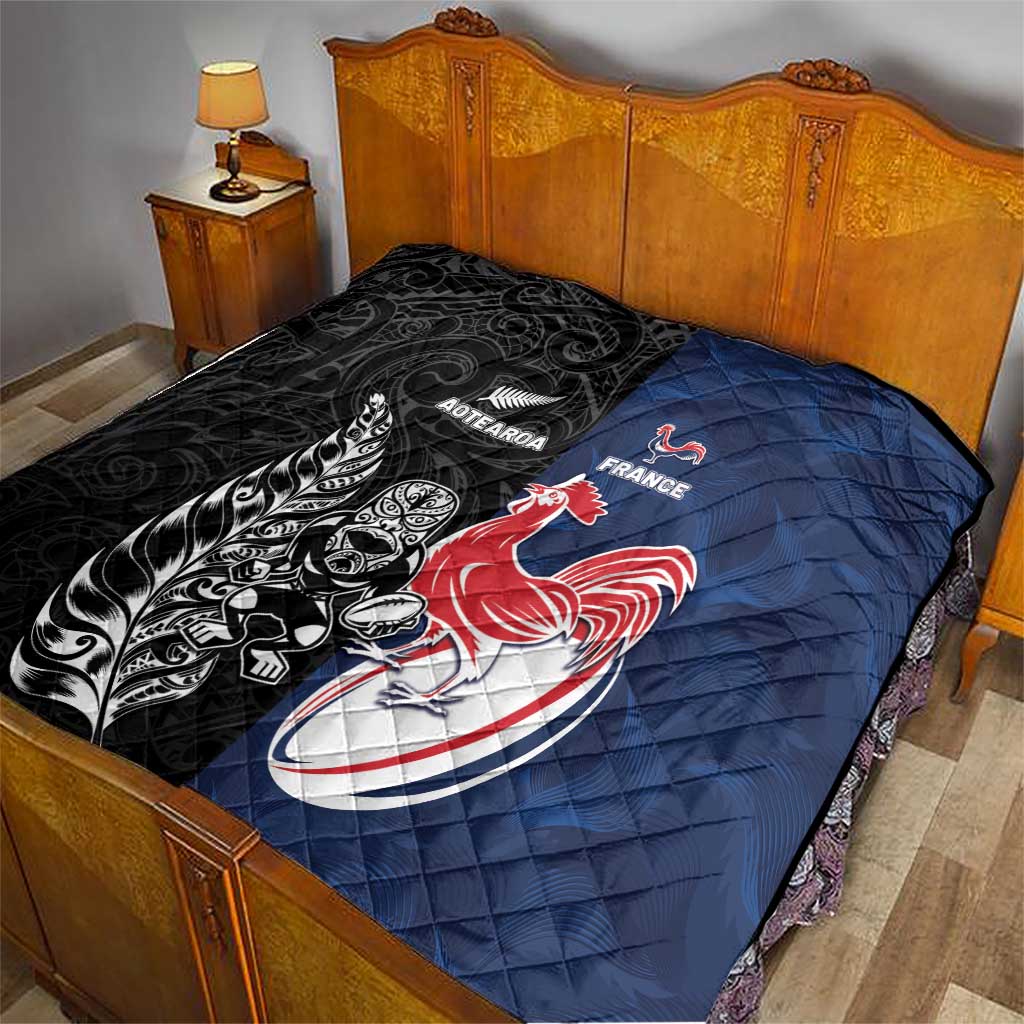 France And New Zealand Rugby Quilt Les Bleus Rooster With Maori Tiki - Wonder Print Shop
