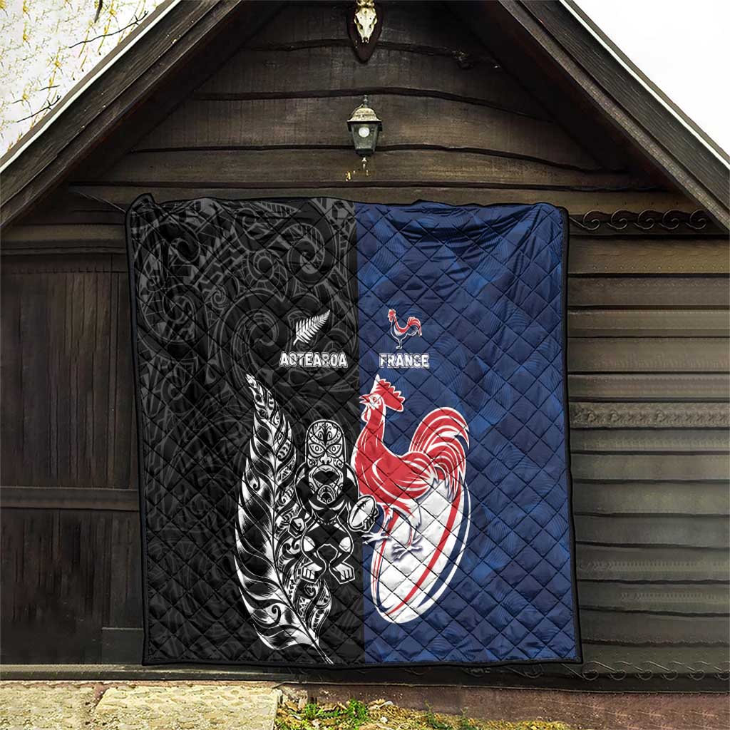 France And New Zealand Rugby Quilt Les Bleus Rooster With Maori Tiki - Wonder Print Shop