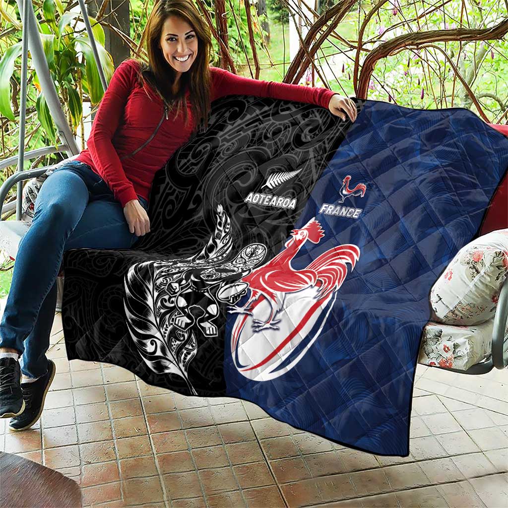 France And New Zealand Rugby Quilt Les Bleus Rooster With Maori Tiki - Wonder Print Shop