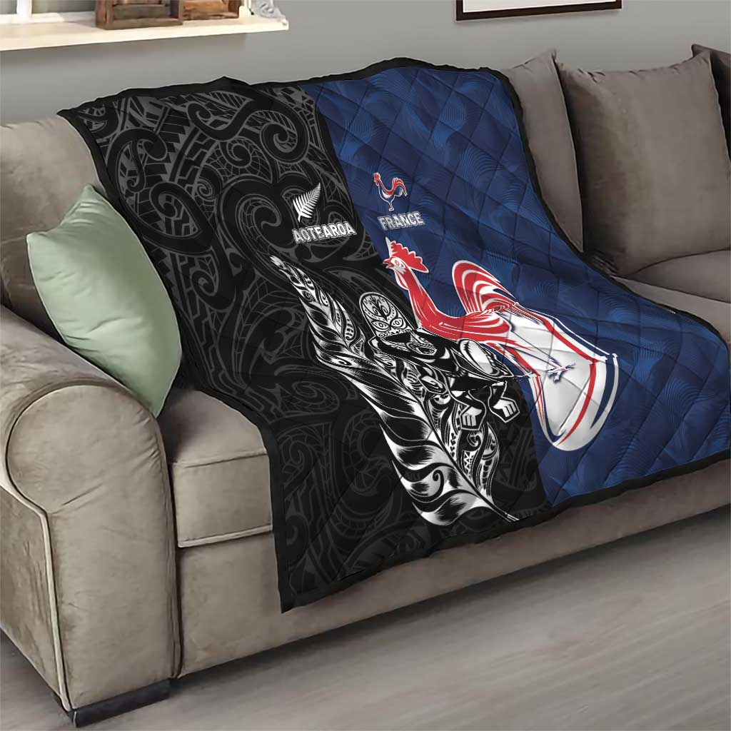France And New Zealand Rugby Quilt Les Bleus Rooster With Maori Tiki - Wonder Print Shop