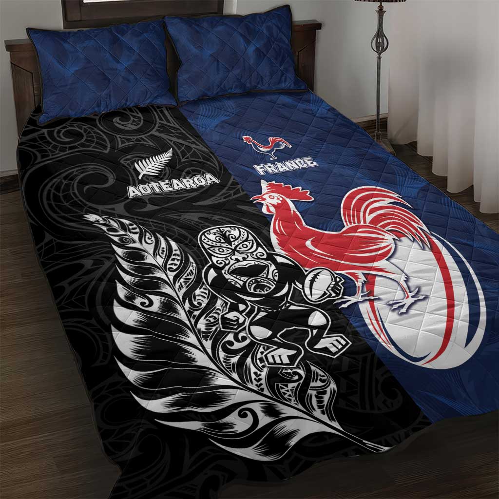 France And New Zealand Rugby Quilt Bed Set Les Bleus Rooster With Maori Tiki - Wonder Print Shop