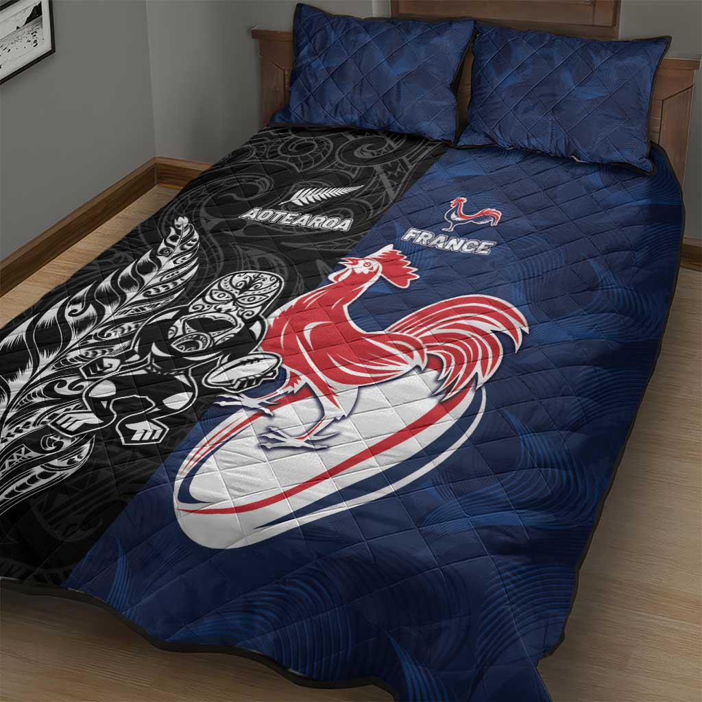 France And New Zealand Rugby Quilt Bed Set Les Bleus Rooster With Maori Tiki - Wonder Print Shop