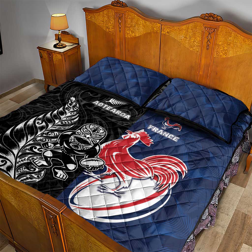 France And New Zealand Rugby Quilt Bed Set Les Bleus Rooster With Maori Tiki - Wonder Print Shop